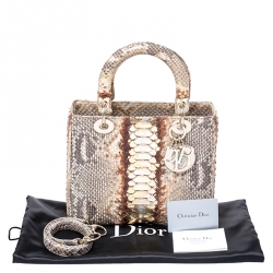 Pre Owned Dior Beige/Gold Python Medium Lady Dior Tote