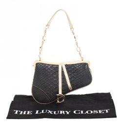 Pre Owned Dior Black/Gold Python and Leather Mini Saddle Bag