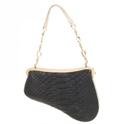 Pre Owned Dior Black/Gold Python and Leather Mini Saddle Bag