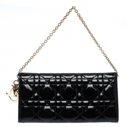 مملوكة مسبقًا Dior Black Cannage Patent Leather Wallet on Chain