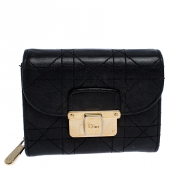 مملوكة مسبقًا محفظة ديور كومباكت ديورلينج جلد مبطنة كاناج سوداء