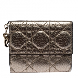 Pre Owned محفظة ديور ليدي ديور كومباكت فرنش جلد مبطن كاناغ ذهبية