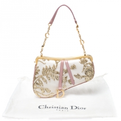 Pre Owned Dior Gold/Pink Embroidered Satin Limited Edition 0226 Mini Saddle Bag