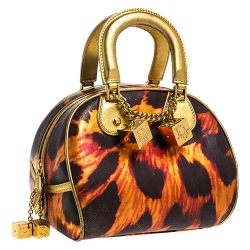 Pre Owned Dior Metallic Gold/Orange Printed Leather Gambler Dice Bowling Bag