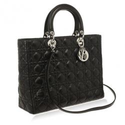 Pre Owned Christian Dior Black Lambskin Lady Cannage Large Bag