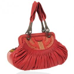 Pre Owned Christian Dior Plisse Large Pleated Red Lambskin Leather Handbag 