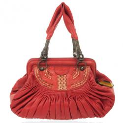 Pre Owned Christian Dior Plisse Large Pleated Red Lambskin Leather Handbag 
