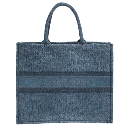 Pre Owned Dior Blue Oblique Embroidered Denim Book Tote