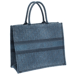 Pre Owned Dior Blue Oblique Embroidered Denim Book Tote