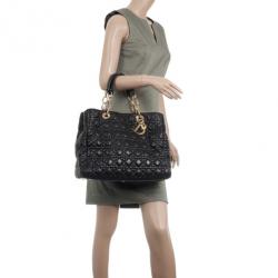 Pre Owned Christian Dior Black Cannage Quilted Coated Canvas Panarea Medium Tote Bag