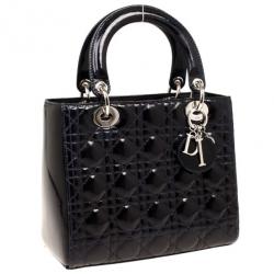 مملوكة مسبقًا Christian Dior Navy Blue Lady Dior Medium Patent Bag