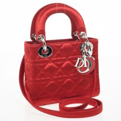 Pre Owned Christian Dior Red Satin Mini Lady Dior Small Bag