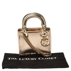 Pre Owned Dior Metallic Gold Python Mini Lady Dior Tote