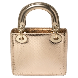 Pre Owned Dior Metallic Gold Python Mini Lady Dior Tote