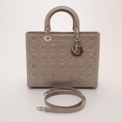 Pre Owned Christian Dior Grey Patent Leather Large 'Lady Dior' Bag