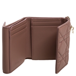 Pre Owned Dior Old Rose Cannage Quilted Leather Lady Dior Compact French Wallet