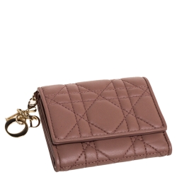 Pre Owned Dior Old Rose Cannage Quilted Leather Lady Dior Compact French Wallet