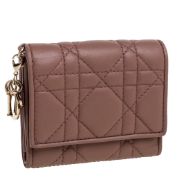 Pre Owned Dior Old Rose Cannage Quilted Leather Lady Dior Compact French Wallet