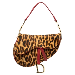 Pre Owned Dior Brown/Red Leopard Print Calfhair and Leather Saddle Bag