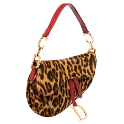 Pre Owned Dior Brown/Red Leopard Print Calfhair and Leather Saddle Bag
