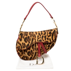 Pre Owned Dior Brown/Red Leopard Print Calfhair and Leather Saddle Bag