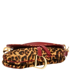 Pre Owned Dior Brown/Red Leopard Print Calfhair and Leather Saddle Bag