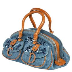 Christian Dior Blue Denim Vintage Floral Embroidered Bowler Bag