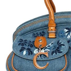 Christian Dior Blue Denim Vintage Floral Embroidered Bowler Bag