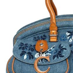 Christian Dior Blue Denim Vintage Floral Embroidered Bowler Bag