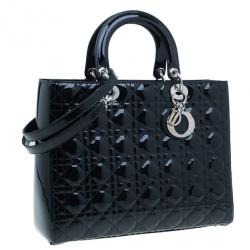 Pre Owned حقيبة يد ديور ليدي ديور جلد لامع سوداء كبيرة