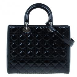 Pre Owned حقيبة يد ديور ليدي ديور جلد لامع سوداء كبيرة