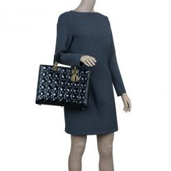 Pre Owned حقيبة ديور ليدي ديور جلد أسود لامع كبيرة