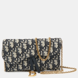 Pre Owned Dior Navy Blue Oblique Canvas and Leather Saddle Wallet On Chain