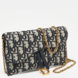 Pre Owned Dior Navy Blue Oblique Canvas and Leather Saddle Wallet On Chain