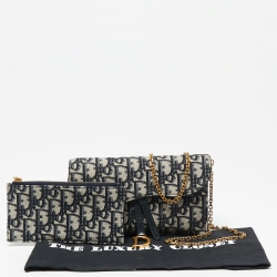 Pre Owned Dior Navy Blue Oblique Canvas and Leather Saddle Wallet On Chain