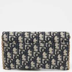 Pre Owned Dior Navy Blue Oblique Canvas and Leather Saddle Wallet On Chain