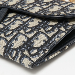 Pre Owned Dior Navy Blue Oblique Canvas and Leather Saddle Wallet On Chain