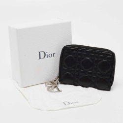 Pre Owned Dior Black Cannage Leather Lady Dior Compact Zip Around Wallet
