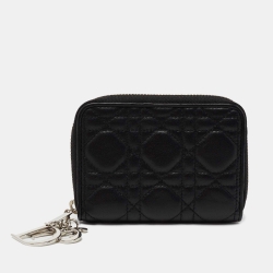 Pre Owned Dior Black Cannage Leather Lady Dior Compact Zip Around Wallet