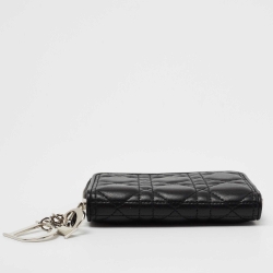 Pre Owned Dior Black Cannage Leather Lady Dior Compact Zip Around Wallet