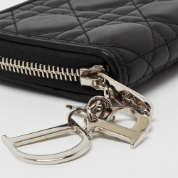 Pre Owned Dior Black Cannage Leather Lady Dior Compact Zip Around Wallet