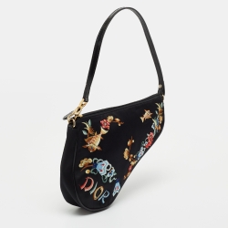 Pre Owned Dior Black Satin Embroidered Saddle Shoulder Bag