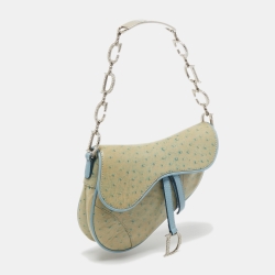 Pre Owned Dior Light Blue Ostrich Embossed Leather Mini Crystals Embellished Saddle Bag