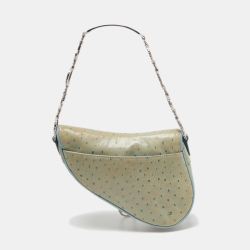 Pre Owned Dior Light Blue Ostrich Embossed Leather Mini Crystals Embellished Saddle Bag