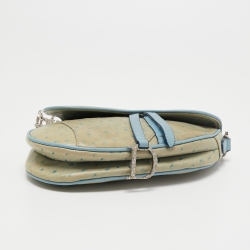 Pre Owned Dior Light Blue Ostrich Embossed Leather Mini Crystals Embellished Saddle Bag