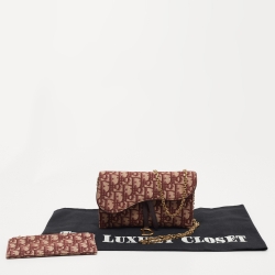 Pre Owned Dior Burgundy Oblique Canvas and Leather Saddle Wallet on Chain