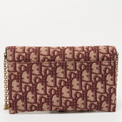 Pre Owned Dior Burgundy Oblique Canvas and Leather Saddle Wallet on Chain
