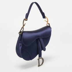 Pre Owned Dior Blue Satin Mini Crystal Embellished Logo Saddle Bag