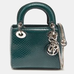 Pre Owned Dior Green Python Mini Lady Dior Chain Tote
