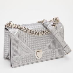 Dior Metallic Silver Micro Cannage Leather Small Diorama Flap Bag